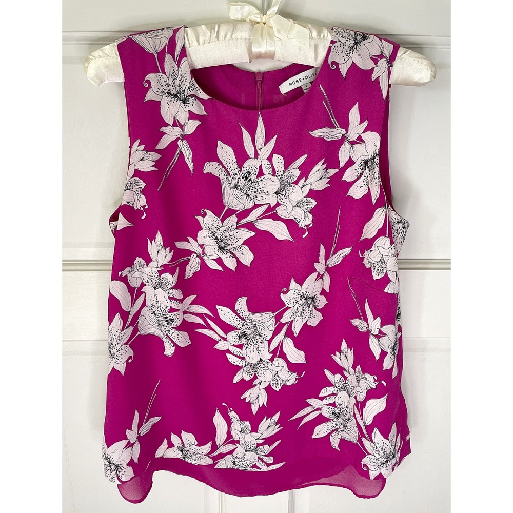 Rose & Olive Tank Top Blouse Loose Flowy Pink Floral